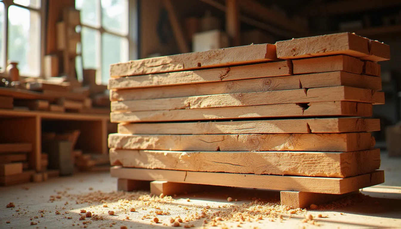Pile de planches en bois brute de sciage empilées sur des lattes dans un atelier d'artisan bois