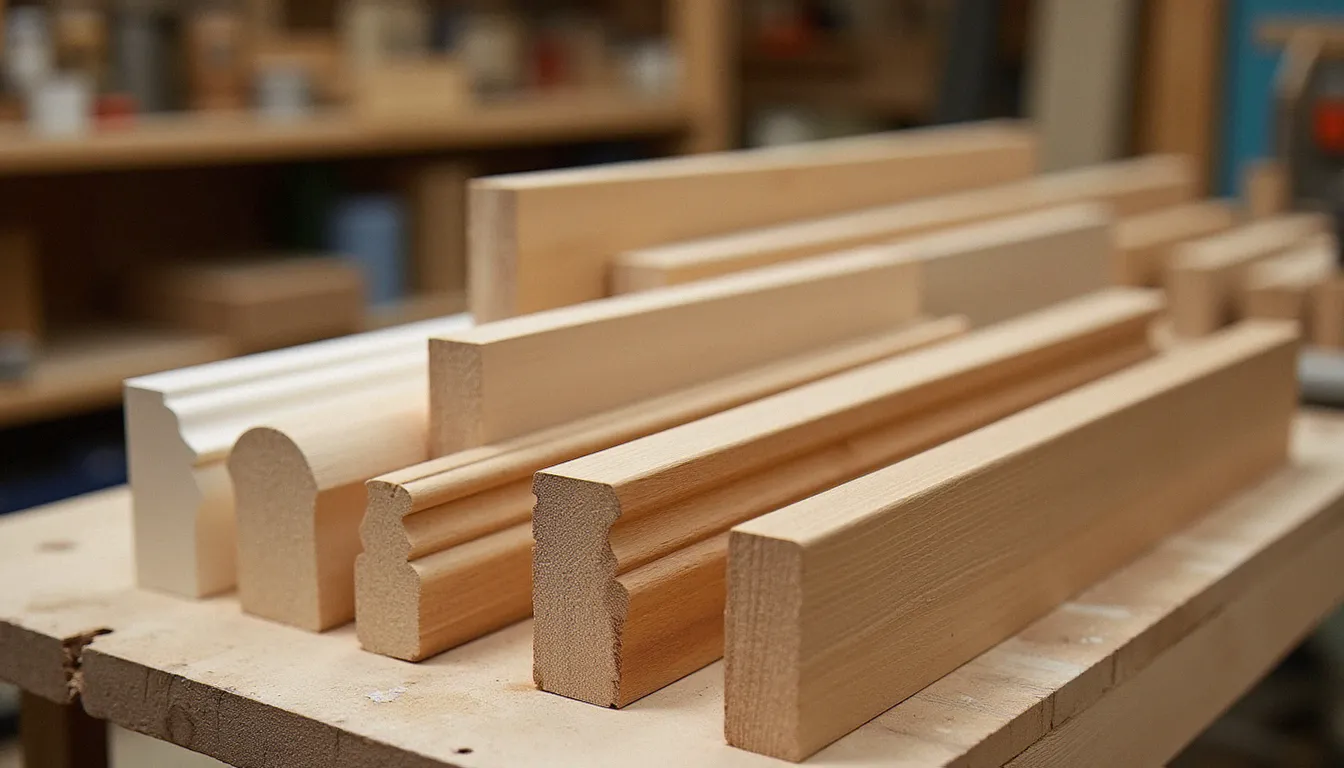 Différents profils de plinth bois sur un établi