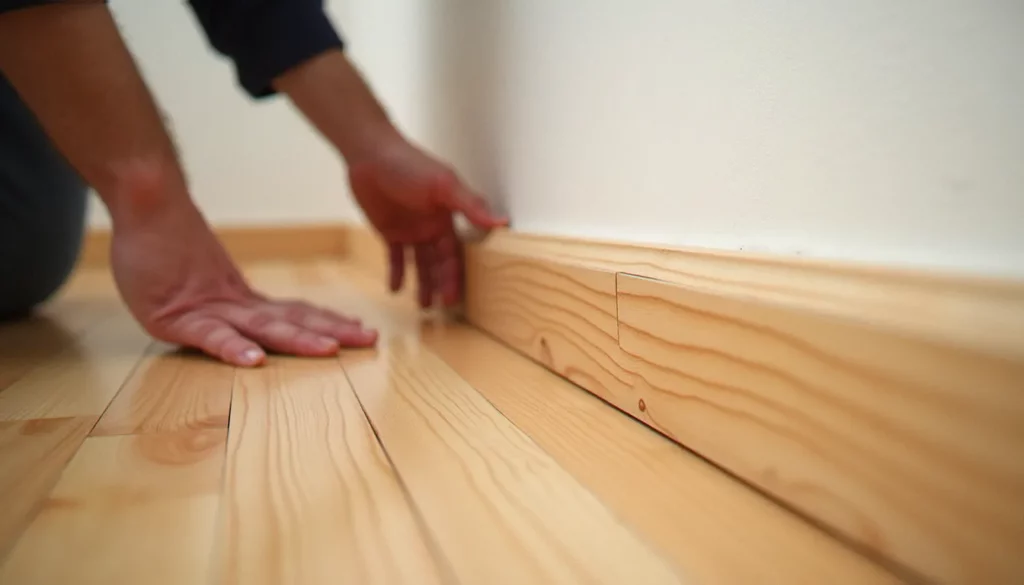 Installation d'un plinth bois contre un mur blanc