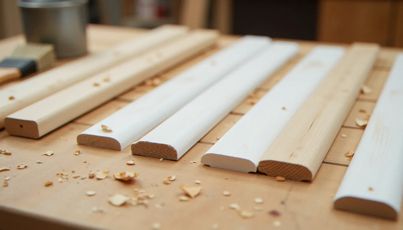 Échantillons de plinthes en pin brut et apprêtées en blanc sur un établi d'atelier