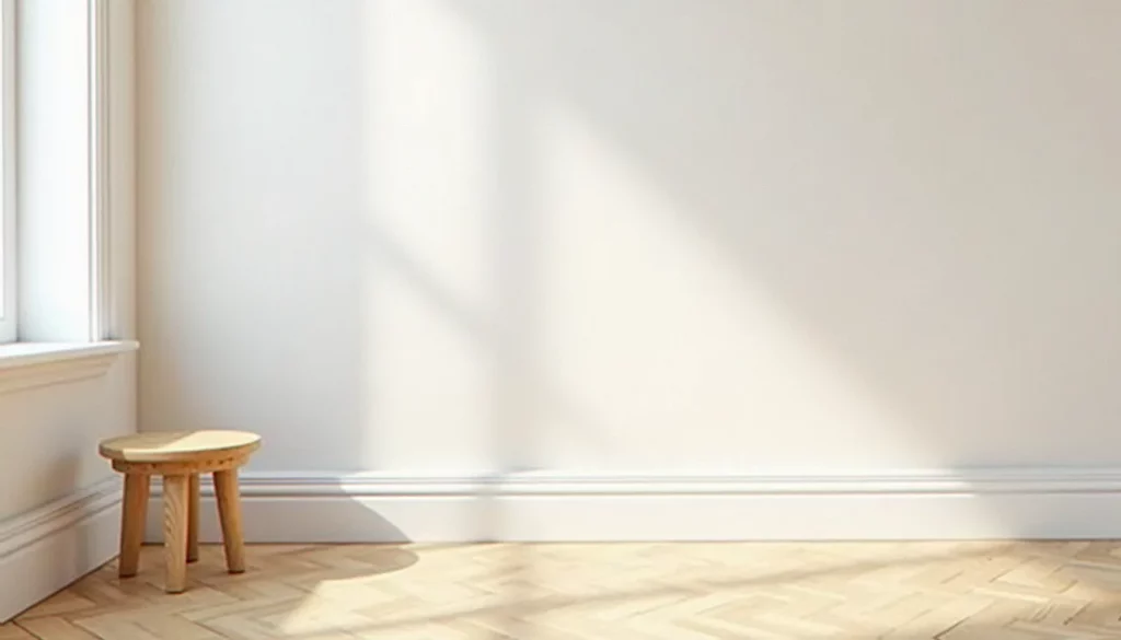 Plinthe bois blanche posée sur un mur clair au-dessus d'un parquet en chêne dans un salon lumineux