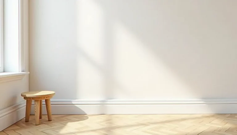 Plinthe bois blanche posée sur un mur clair au-dessus d'un parquet en chêne dans un salon lumineux