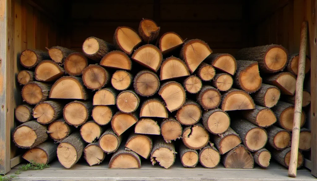 Un stère de bois de chêne empilé proprement dans un abri, illustrant le poids d'un stère de bois