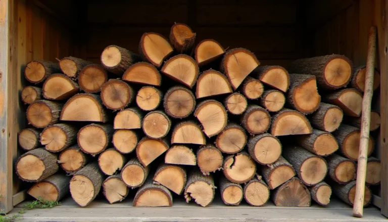 Un stère de bois de chêne empilé proprement dans un abri, illustrant le poids d'un stère de bois