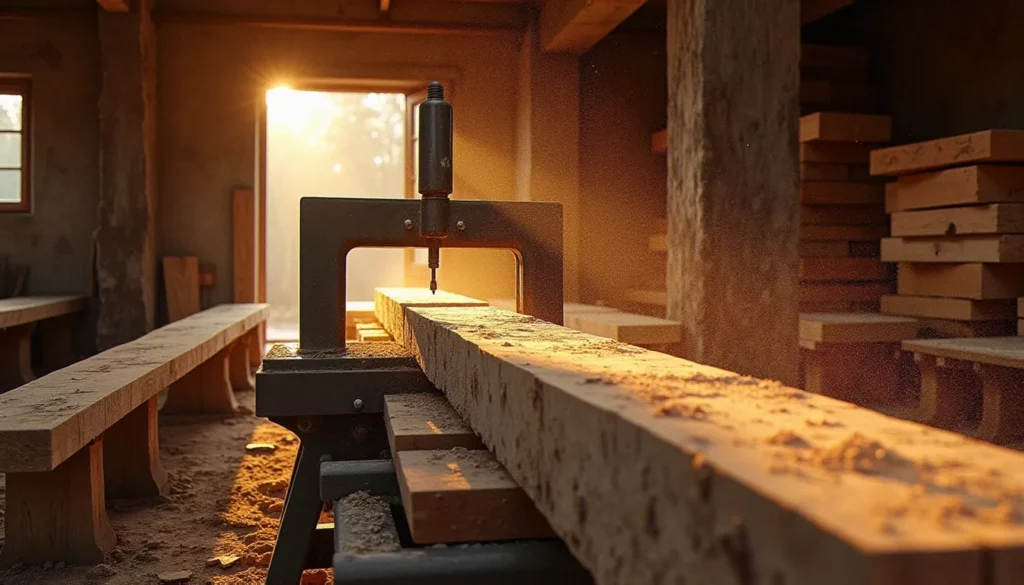 Intérieur d'une scierie bois artisanale où une scie à ruban débite un tronc de pin en planches