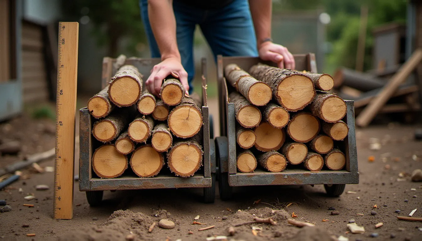 Comparaison entre des bûches empilées proprement et des bûches en vrac, avec un mètre pliant, pour illustrer le volume d'un ster de bois