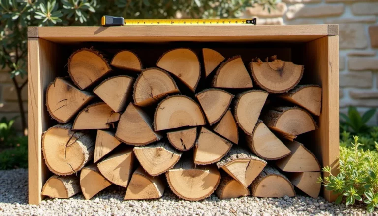 Un ster de bois : tas de bûches de chêne fendues, empilées dans un cadre en bois sur un mètre cube, dans un jardin méditerranéen