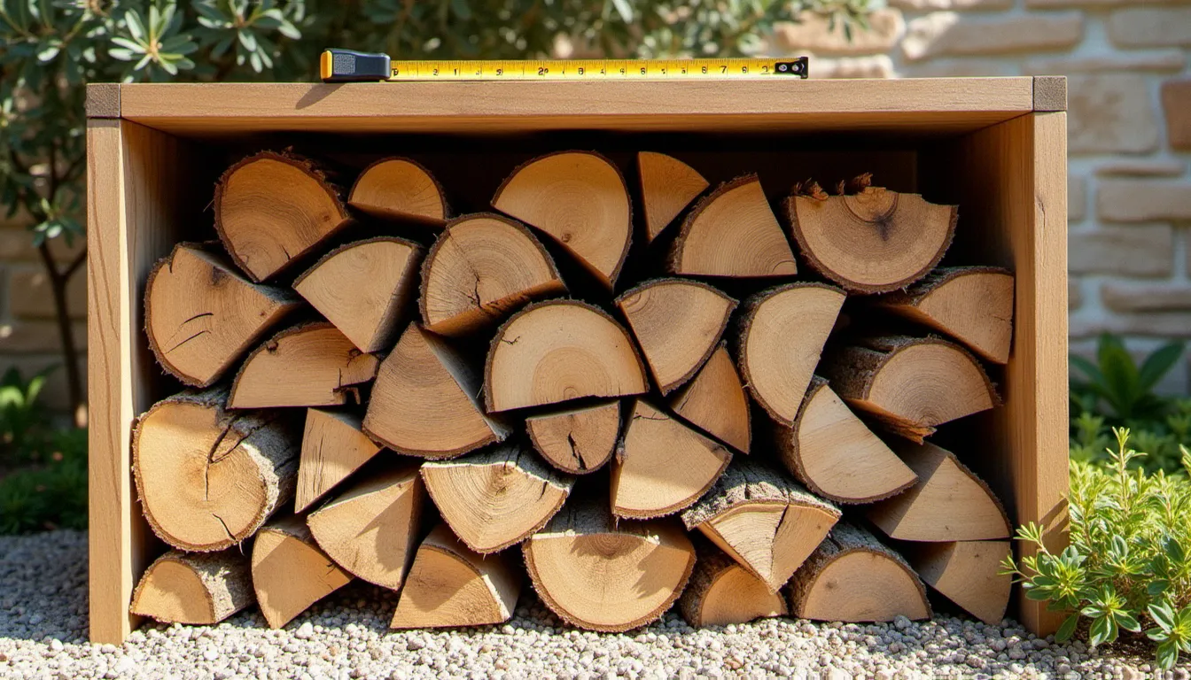 Un ster de bois : tas de bûches de chêne fendues, empilées dans un cadre en bois sur un mètre cube, dans un jardin méditerranéen