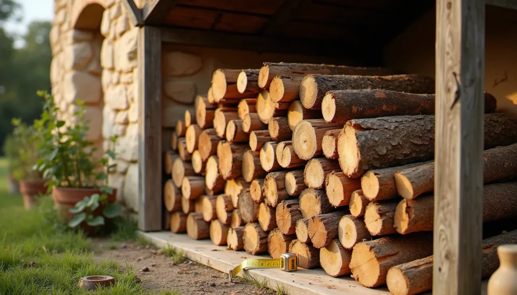 Un stère de bois de chêne empilé dans un cadre en bois devant une maison en pierre de l'Hérault