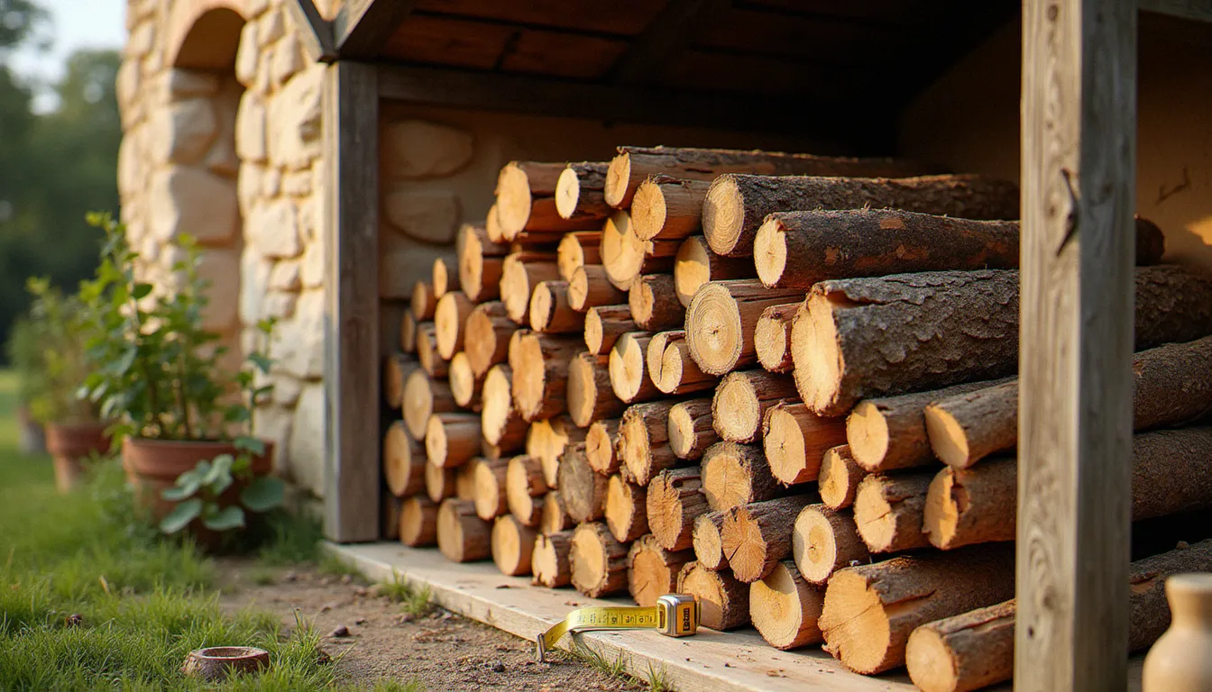 Un stère de bois de chêne empilé dans un cadre en bois devant une maison en pierre de l'Hérault