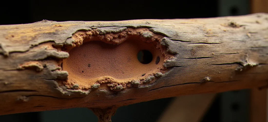 Poutre en chêne ancienne montrant des agents de dégradation du bois : pourriture brune, trous d'insectes xylophages et fissures dues à l'humidité