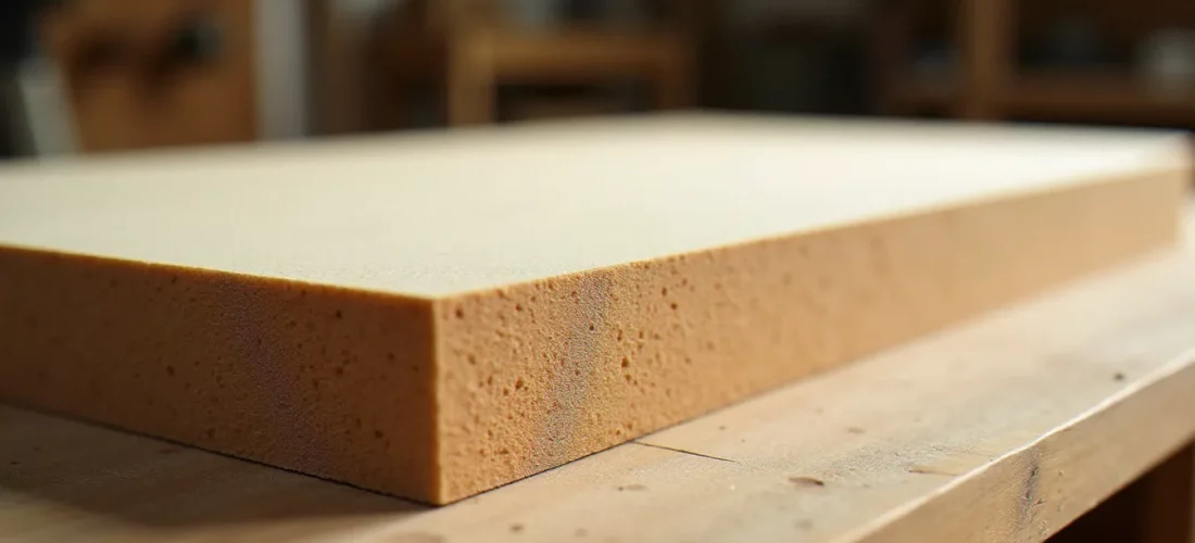 Coupe transversale d'un panneau d'aggloméré de bois montrant les différentes couches de particules sur un établi d'atelier