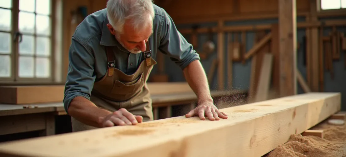 Artisan charpentier inspectant une poutre en bois lamellé-collé dans un atelier, illustration de l'avenir bois construction en France