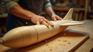 Artisan appliquant des couches de contreplaqué de bouleau sur un moule de fuselage d'avion monocoque en bois dans un atelier de menuiserie traditionnel