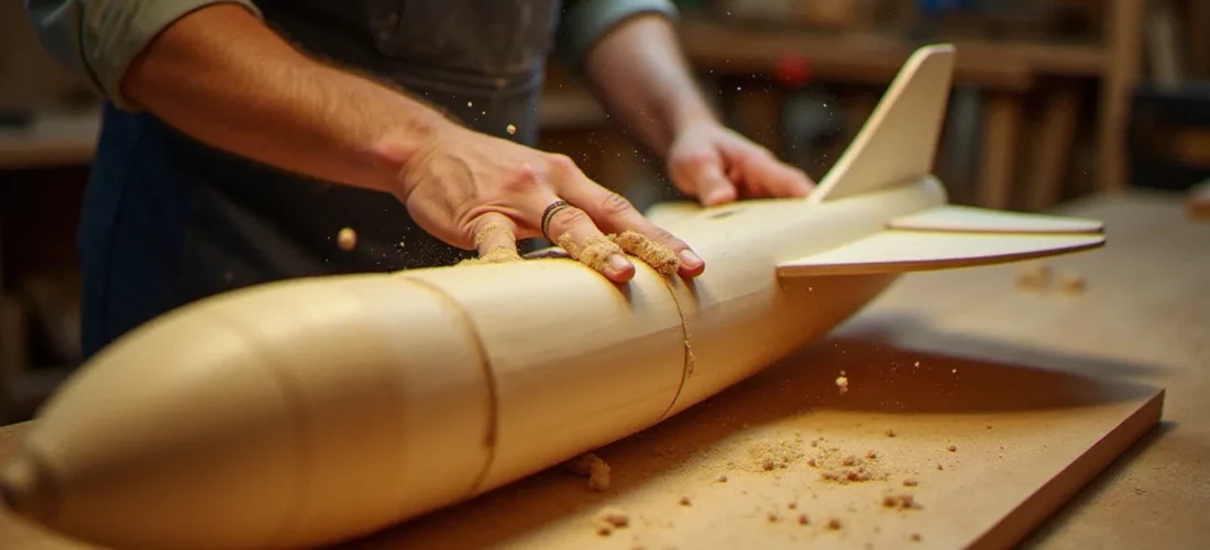 Artisan appliquant des couches de contreplaqué de bouleau sur un moule de fuselage d'avion monocoque en bois dans un atelier de menuiserie traditionnel