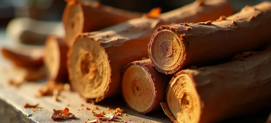 Morceaux d'écorce séchée de bois bandé posés sur un établi d'artisan en chêne, au cœur d'un avis bois bandé détaillé et illustré