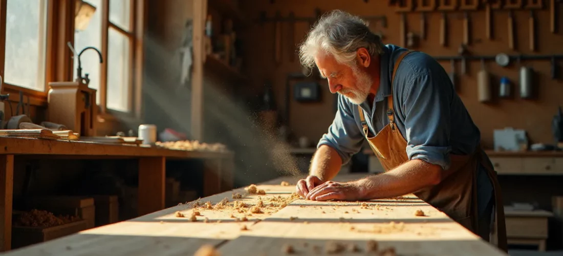 Artisan bois Baptiste Roussel examinant une planche de chêne dans son atelier à Béziers, incarnant la qualité et le sérieux évoqués dans les avis bois baptiste