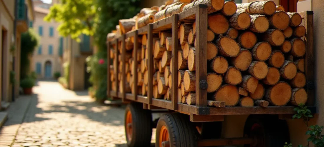 Remorque agricole chargée de stères de chêne vert bien empilées dans une rue ensoleillée du sud de la France, illustrant le service avis bois baptiste remorque à Béziers