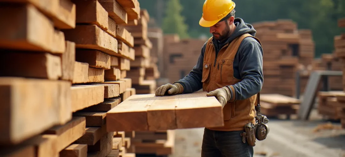 Artisan charpentier inspectant des planches de douglas empilées dans un dépôt de bois, donnant un avis bois colombes professionnel sur la qualité des matériaux