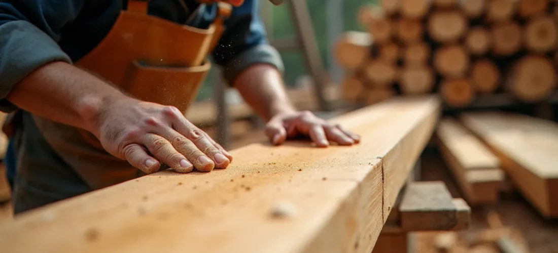 Artisan inspectant la qualité d'une planche de douglas dans un négoce bois, illustrant la démarche derrière les avis bois d'arcy professionnels