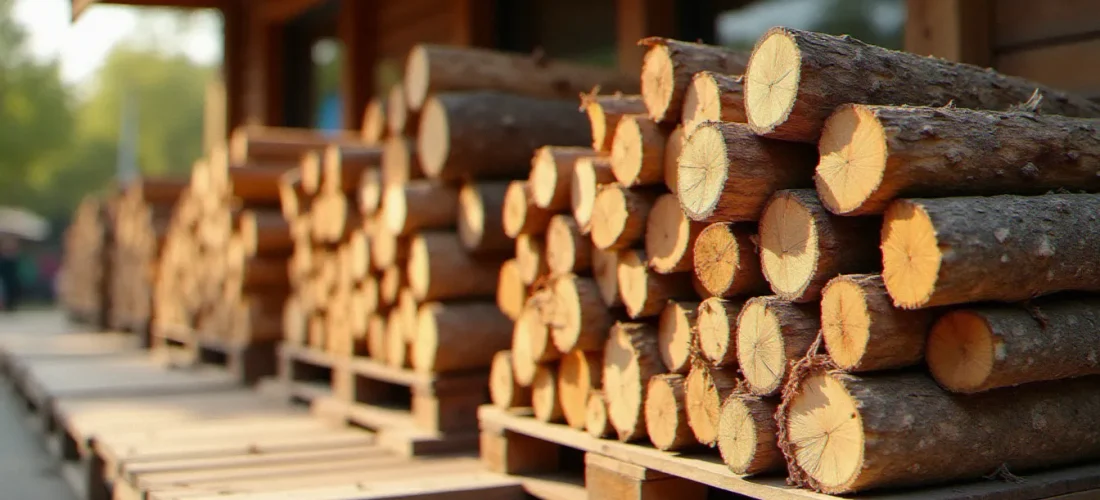 Palette de bois de chauffage en chêne exposée en extérieur dans un centre commercial, illustrant le bois de chauffage Leclerc vendu en grande surface