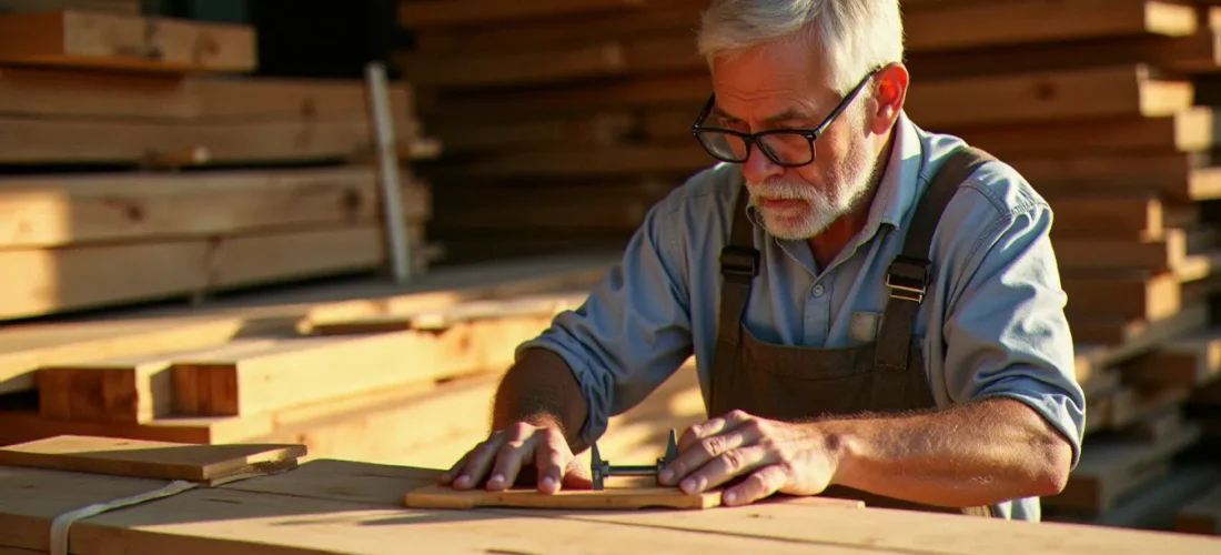 Artisan inspectant des pièces de bois douglas empilées dans un dépôt de bois du sud de la France, illustrant un avis bois du sud com réalisé par un professionnel