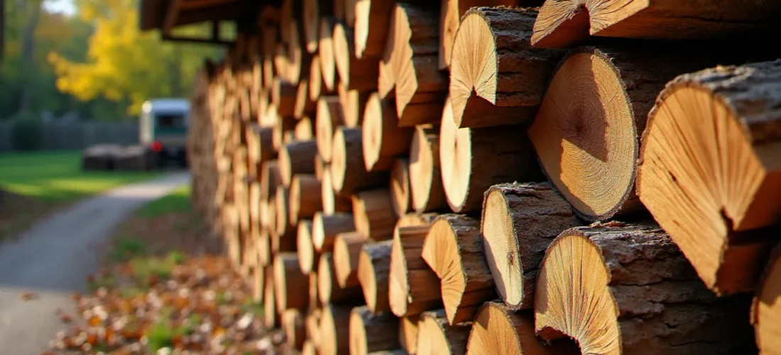 Stères de bois de chêne sec empilés dans un dépôt de bois de chauffage dans le Nord de la France, illustrant un avis sur bois énergie nord