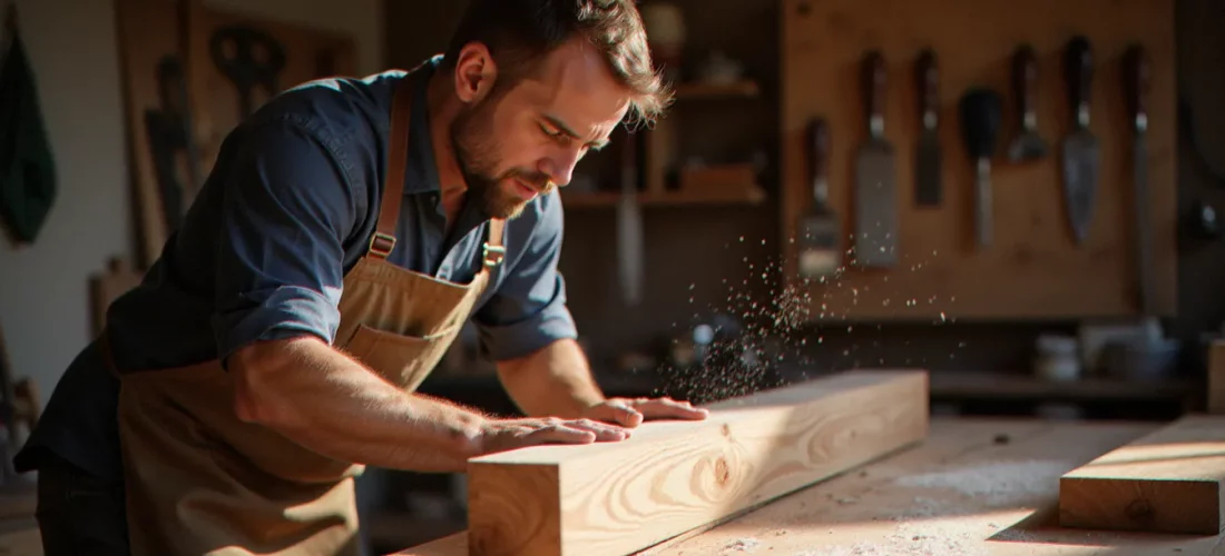 Artisan bois examinant une planche de chêne massif dans son atelier — avis bois et nature d'un professionnel bézierois
