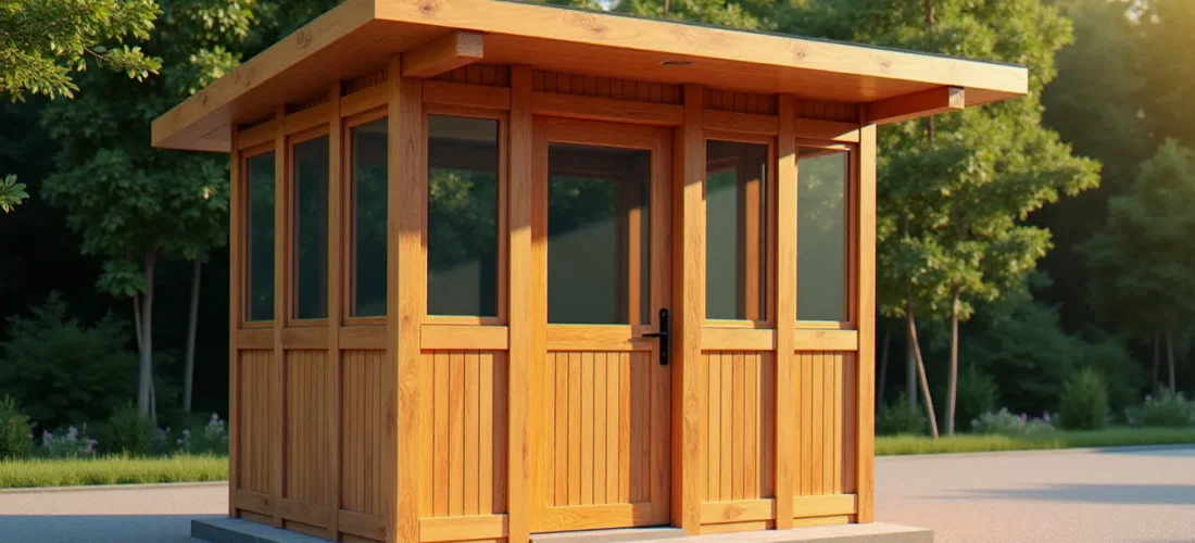 Cabine de gardiennage en bois Douglas installée à l'entrée d'un site industriel, illustrant un avis bois gardiennage positif avec une finition soignée et des matériaux durables