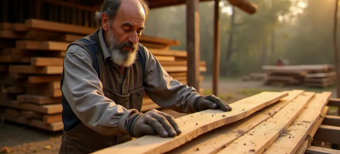 Artisan bois inspectant des planches de douglas dans un dépôt de matériaux, avis bois monde vu par un charpentier professionnel de Béziers