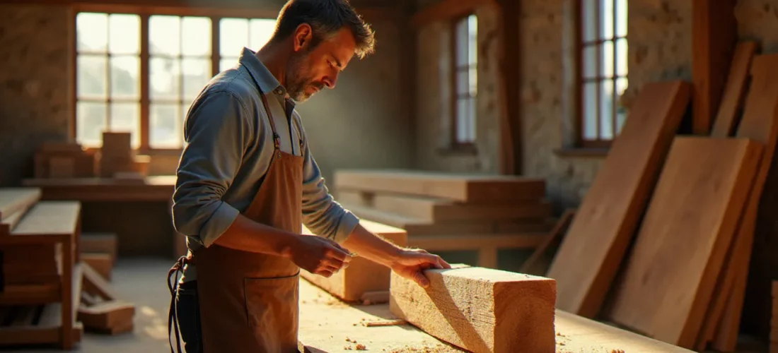 Artisan bois examinant un madrier de chêne certifié dans un atelier du Sud de la France, illustration d'un avis bois origine professionnel