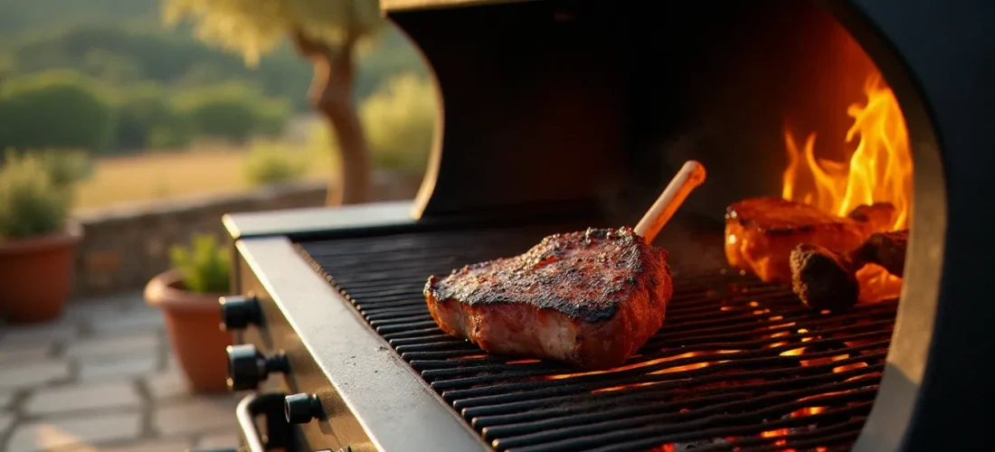 Barbecue professionnel bois en acier épais avec braises rougeoyantes et carré d'agneau saisi sur une terrasse provençale ensoleillée