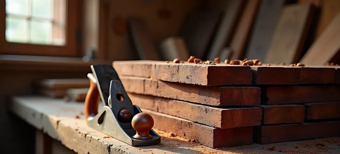 Planches de bété bois brun foncé à reflets violacés posées sur un établi d'atelier avec un rabot et des copeaux