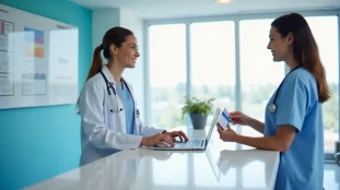 Accueil d'un laboratoire d'analyses médicales Biogroup, comptoir propre et lumineux avec personnel soignant accueillant un patient