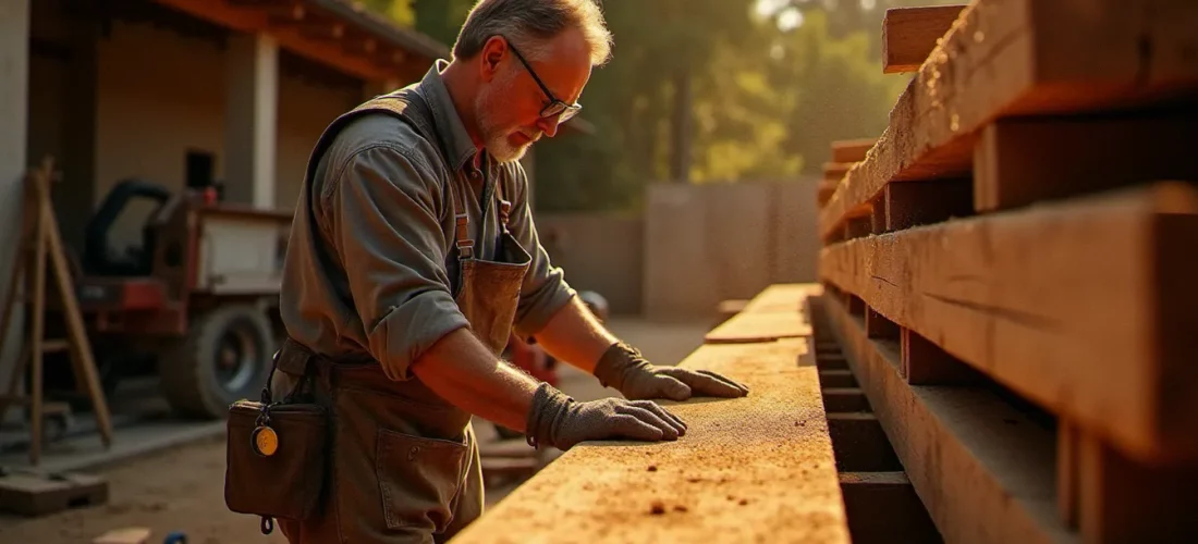 Artisan charpentier inspectant des poutres en bois massif biok bois de villers livrées sur un chantier dans le Sud de la France, lumière dorée de fin d'après-midi