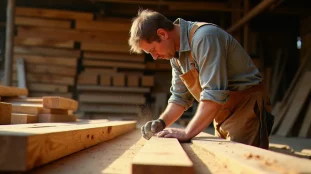 Un artisan bois inspectant des planches de chêne fraîchement sciées dans une scierie locale de l'Hérault, illustrant la recherche de bois autour de moi