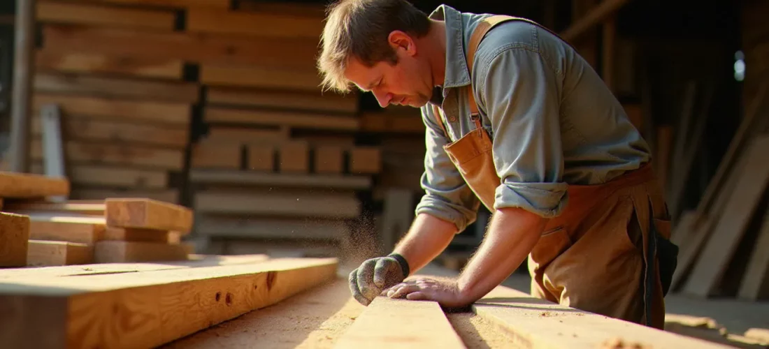 Un artisan bois inspectant des planches de chêne fraîchement sciées dans une scierie locale de l'Hérault, illustrant la recherche de bois autour de moi
