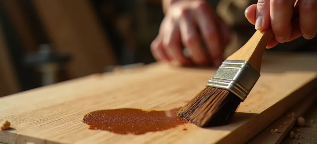Artisan appliquant du brou de noix sur une planche de chêne avec une brosse plate, teinture naturelle brune pénétrant le fil du bois en atelier