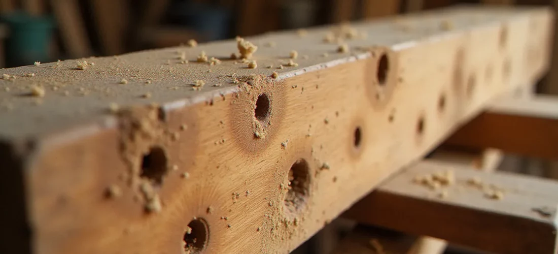 Vieille poutre en chêne avec des trous caractéristiques de bois avec des trous causés par des insectes xylophages, en atelier de charpente