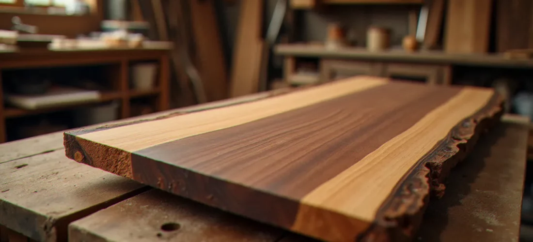 Planche de noyer massif avec motif naturel de veinage tourbillonnant, posée sur un établi d'atelier — exemple de bois avec motif remarquable