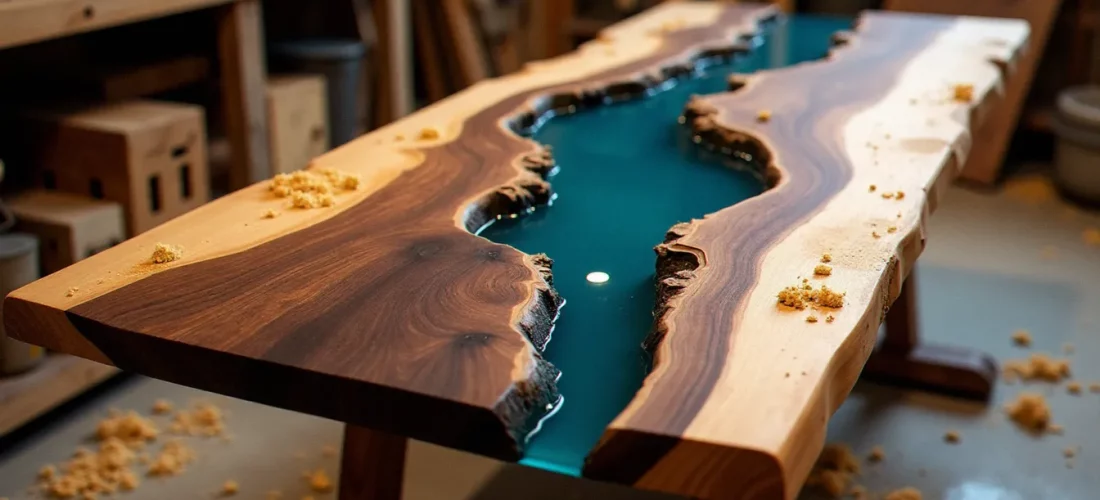 Plateau de bois avec résine époxy bleue coulée entre deux dalles de noyer, vue de dessus en atelier artisanal