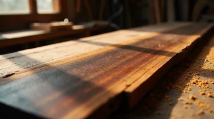 Planche de wengé fraîchement rabotée révélant ses veines noires caractéristiques sur fond brun chocolat dans un atelier de menuiserie artisanale