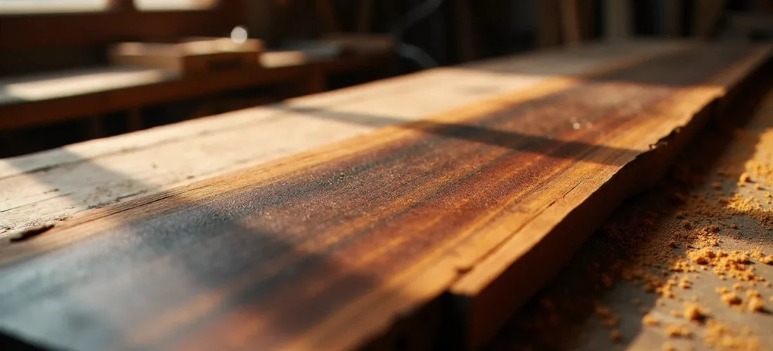 Planche de wengé fraîchement rabotée révélant ses veines noires caractéristiques sur fond brun chocolat dans un atelier de menuiserie artisanale