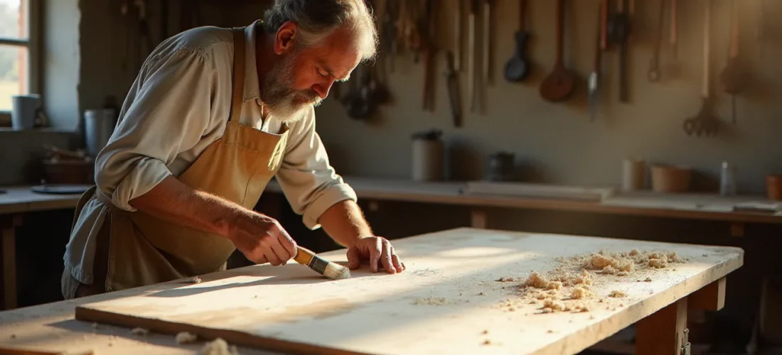 Artisan appliquant un produit de bois blanchi sur une planche de chêne avec un pinceau plat, le fil du bois reste visible sous la finition blanche dans un atelier artisanal