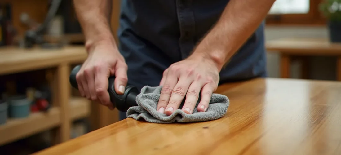 Artisan nettoyant une table en chêne massif avec un chiffon microfibre humide, illustration du nettoyage du bois en atelier