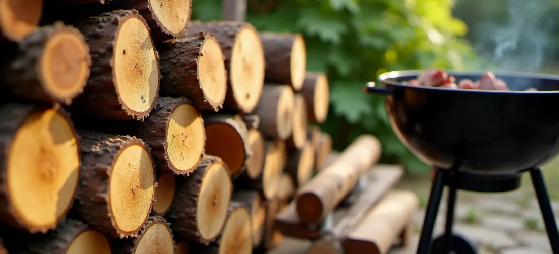 Différents types de bois dont des bois dangereux pour barbecue empilés à côté d'un gril à charbon dans un jardin