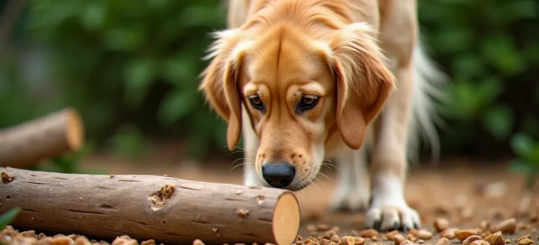 Un golden retriever reniflant une bûche de bois potentiellement dangereux pour chien dans un jardin, avec des copeaux au sol