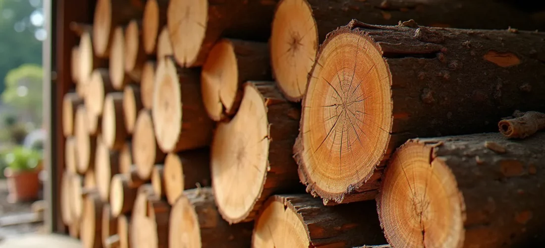 Bûches de bois de chauffe empilées et prêtes à l'emploi