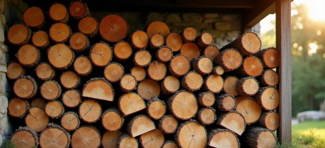 Tas de bois de chauffage en chêne bien sec empilé sous un abri bois près d'une maison bretonne, illustrant le stockage du bois de chauffage à Guidel