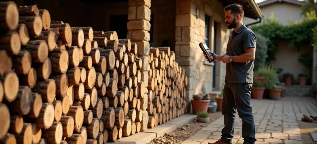 Pile de bois de chauffage en chêne sec soigneusement rangée dans une cour provençale, illustrant l'approvisionnement en bois de chauffage dans l'Hérault pas cher